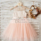 Sheer Neck Peach Pink Tulle Ivory Lace Wedding Flower Girl Dress with Beaded Sash