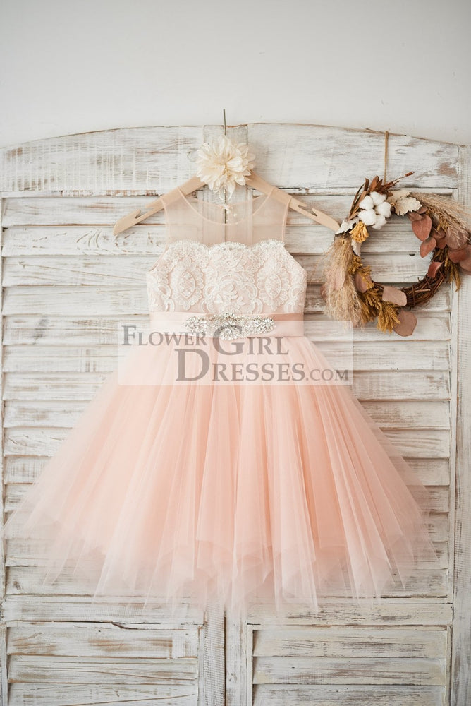 peach ladies dress Diana Couture 8605-Peach, / 16 Scalloped mini hemline Sheer Neck Peach Tulle Ivory