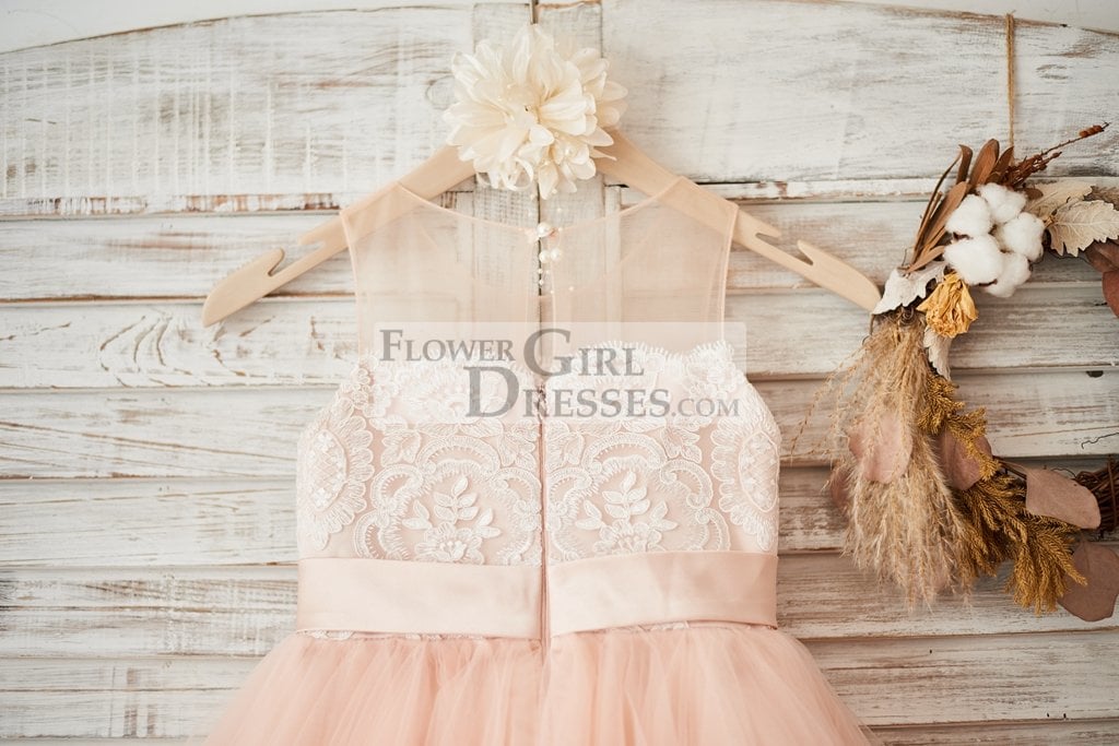 Sheer Neck Peach Pink Tulle Ivory Lace Wedding Flower Girl Dress with Beaded Sash