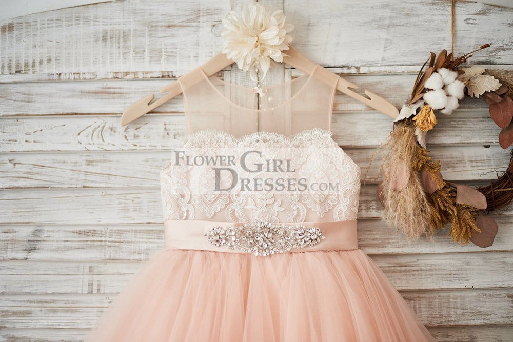 Sheer Neck Peach Tulle Ivory Lace Flower Girl Dress, Beaded Sash 6T Sheer Neck Peach Tulle Ivory Lace Flower Girl Dress, Beaded Sash 6T