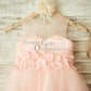 Sheer Neck Pink Tulle Wedding Flower Girl Dress with Beading and 3D Flower