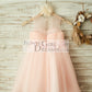 Sheer Neck Pink Tulle Wedding Flower Girl Dress with Beading and 3D Flower