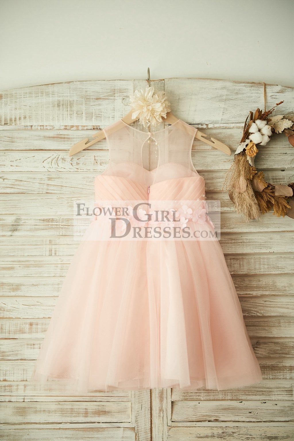 Sheer Neck Pink Tulle Wedding Flower Girl Dress with Beading and 3D Flower