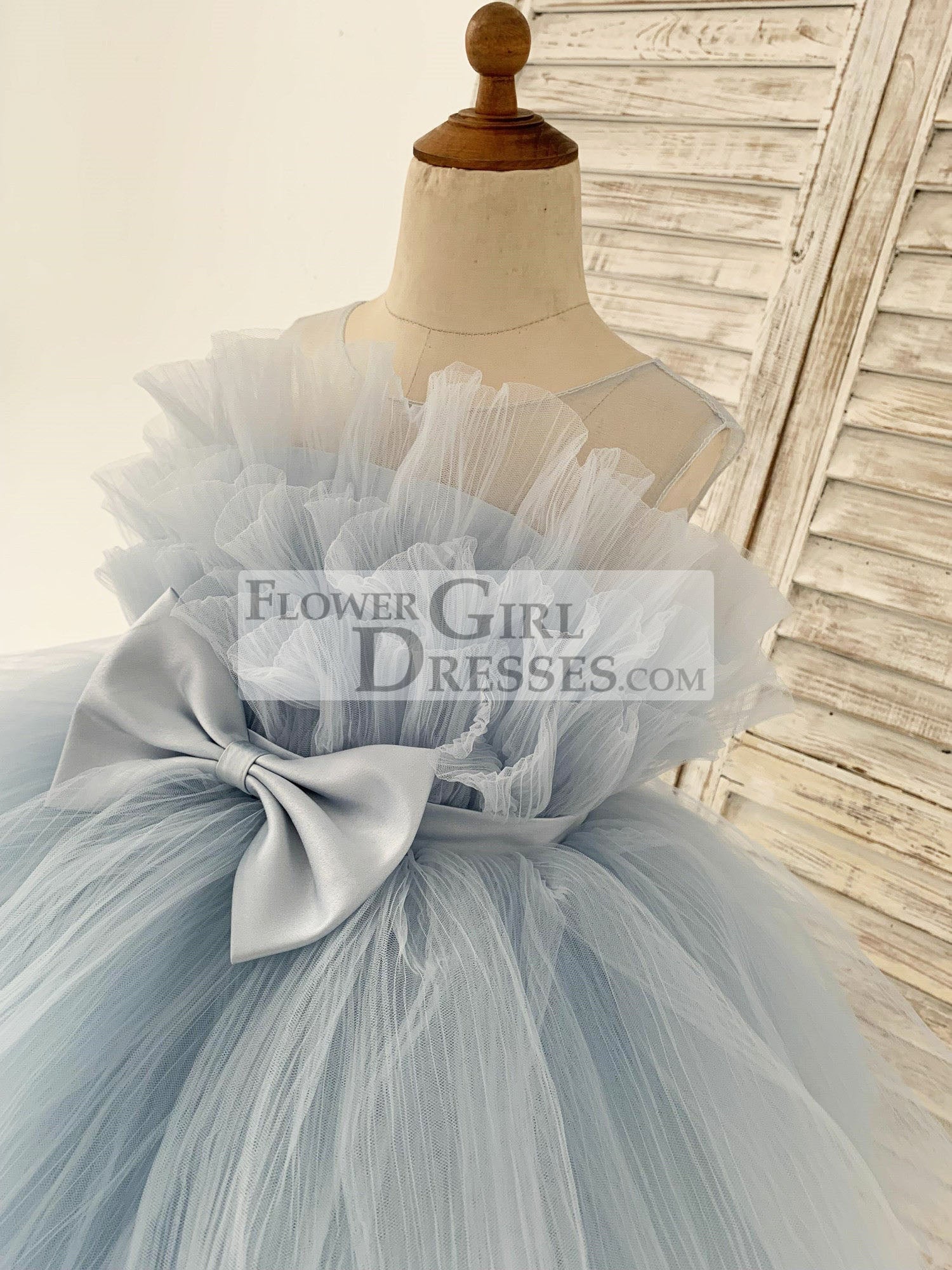 Sheer Neck Pleated Blue Tulle Wedding Flower Girl Dress Kids Party Dress
