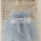 Sheer Neck Pleated Blue Tulle Wedding Flower Girl Dress Kids Party Dress