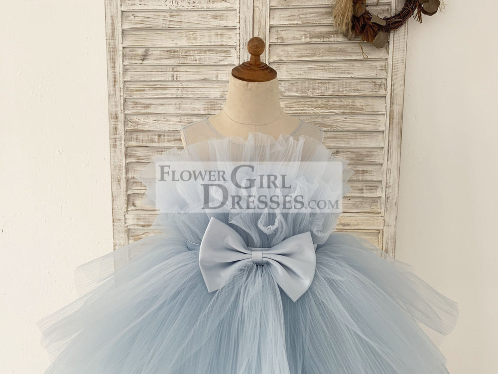 Sheer Neck Pleated Dusty Blue Tulle Wedding Flower Girl Dress - Flower Girl Dresses Sheer Neck Pleated Dusty Blue Tulle Wedding Flower Girl Dress - Flower Girl Dresses