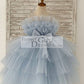 Sheer Neck Pleated Blue Tulle Wedding Flower Girl Dress Kids Party Dress