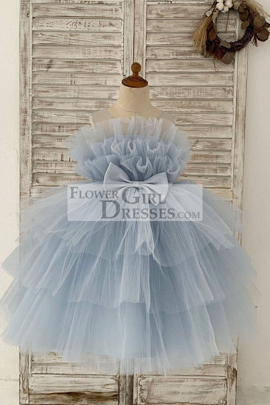 Sheer Neck Pleated Blue Tulle Wedding Flower Girl Dress Kids Party Dress