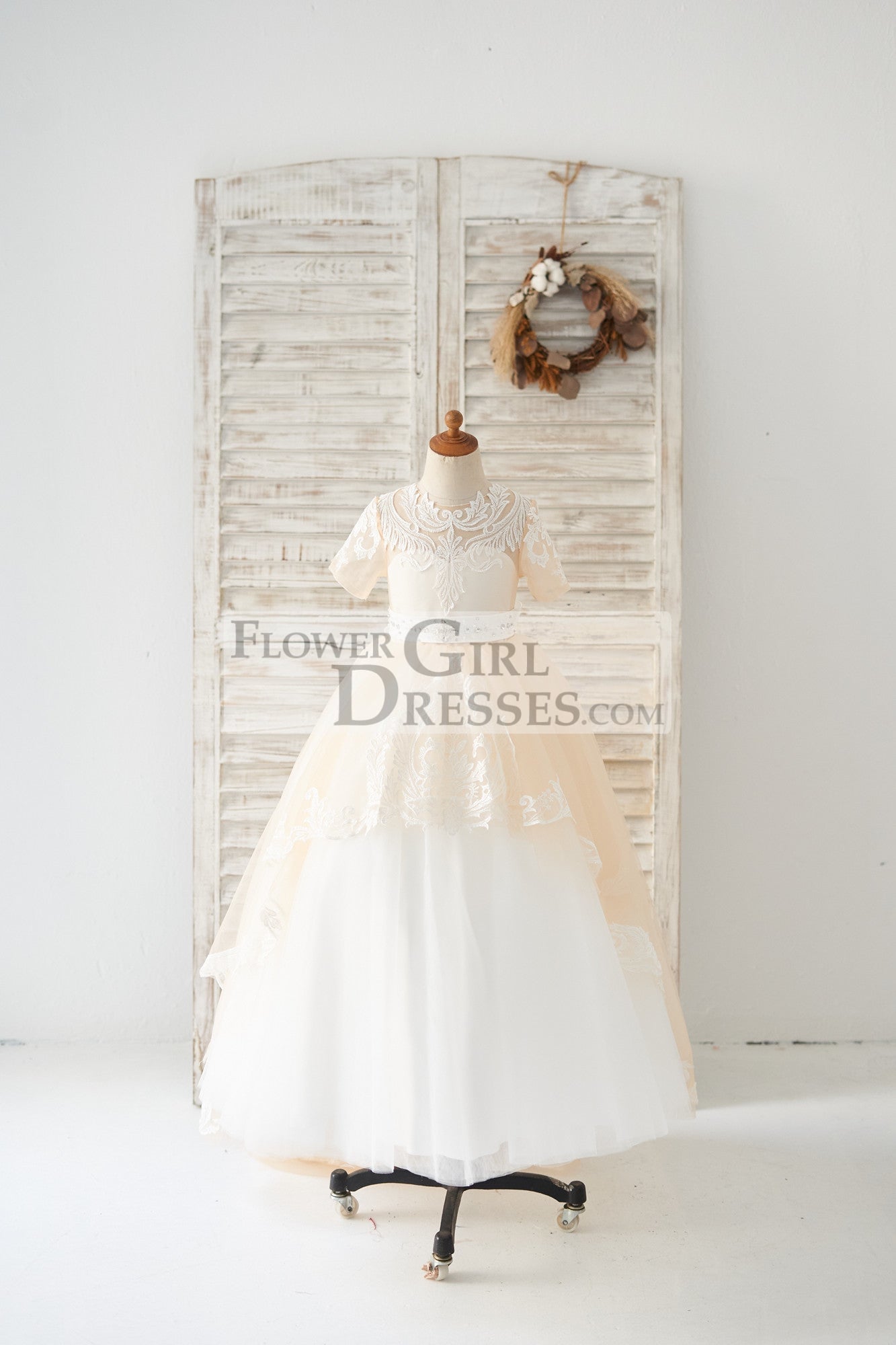 Short Sleeves Champagne Lace Tulle Wedding Flower Girl Dress Kids Party Dress