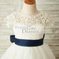 Short Sleeves V Back Lace Tulle Wedding Flower Girl Dress with Navy Blue Belt