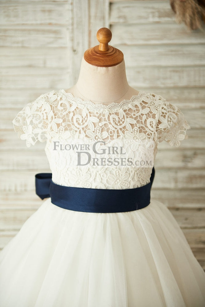 white dress with navy blue belt Short Sleeves V Back Lace Tulle Wedding Flower Girl Dress, Navy Belt 1T