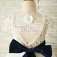 Short Sleeves V Back Lace Tulle Wedding Flower Girl Dress with Navy Blue Belt