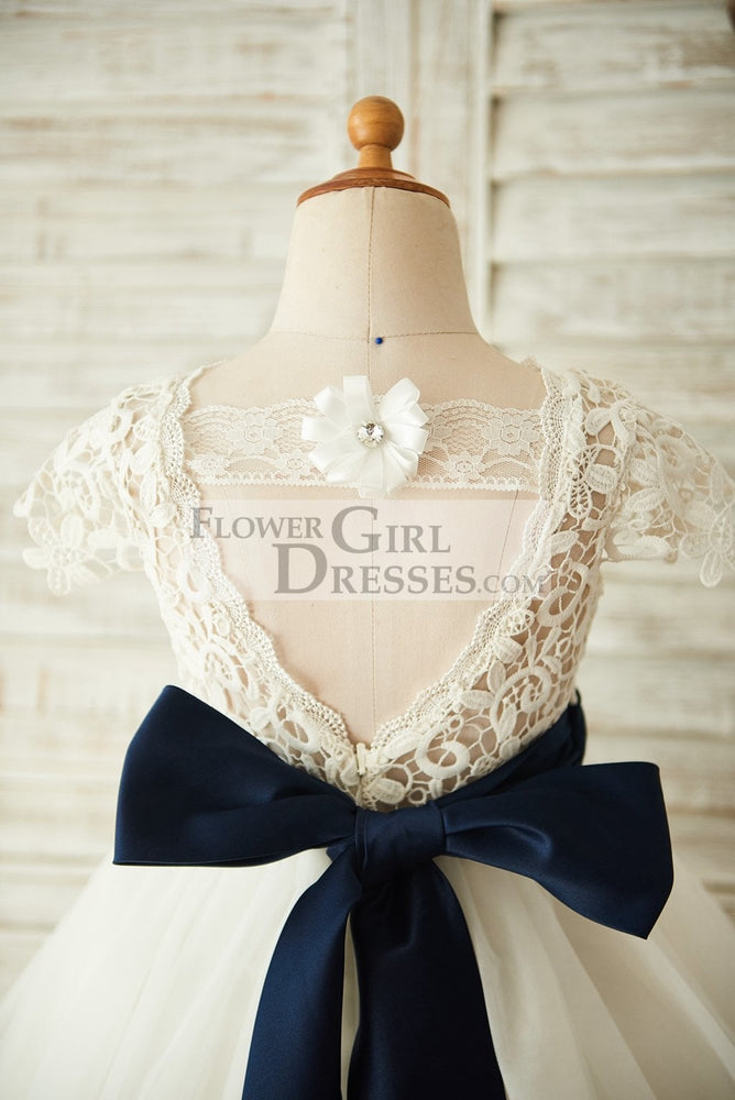 Short Sleeves V Back Lace Tulle Wedding Flower Girl Dress, Navy Belt - Flower Girl Dresses Short Sleeves V Back Lace Tulle Wedding Flower Girl Dress, Navy Belt - Flower Girl Dresses