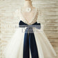 Short Sleeves V Back Lace Tulle Wedding Flower Girl Dress with Navy Blue Belt