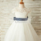 Short Sleeves V Back Lace Tulle Wedding Flower Girl Dress with Navy Blue Belt