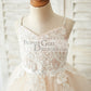 Spaghetti straps Ivory lace Peach Pink Tulle V Neck Wedding Flower Girl Dress