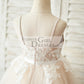 Spaghetti straps Ivory lace Peach Pink Tulle V Neck Wedding Flower Girl Dress
