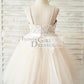 Spaghetti straps Ivory lace Peach Pink Tulle V Neck Wedding Flower Girl Dress