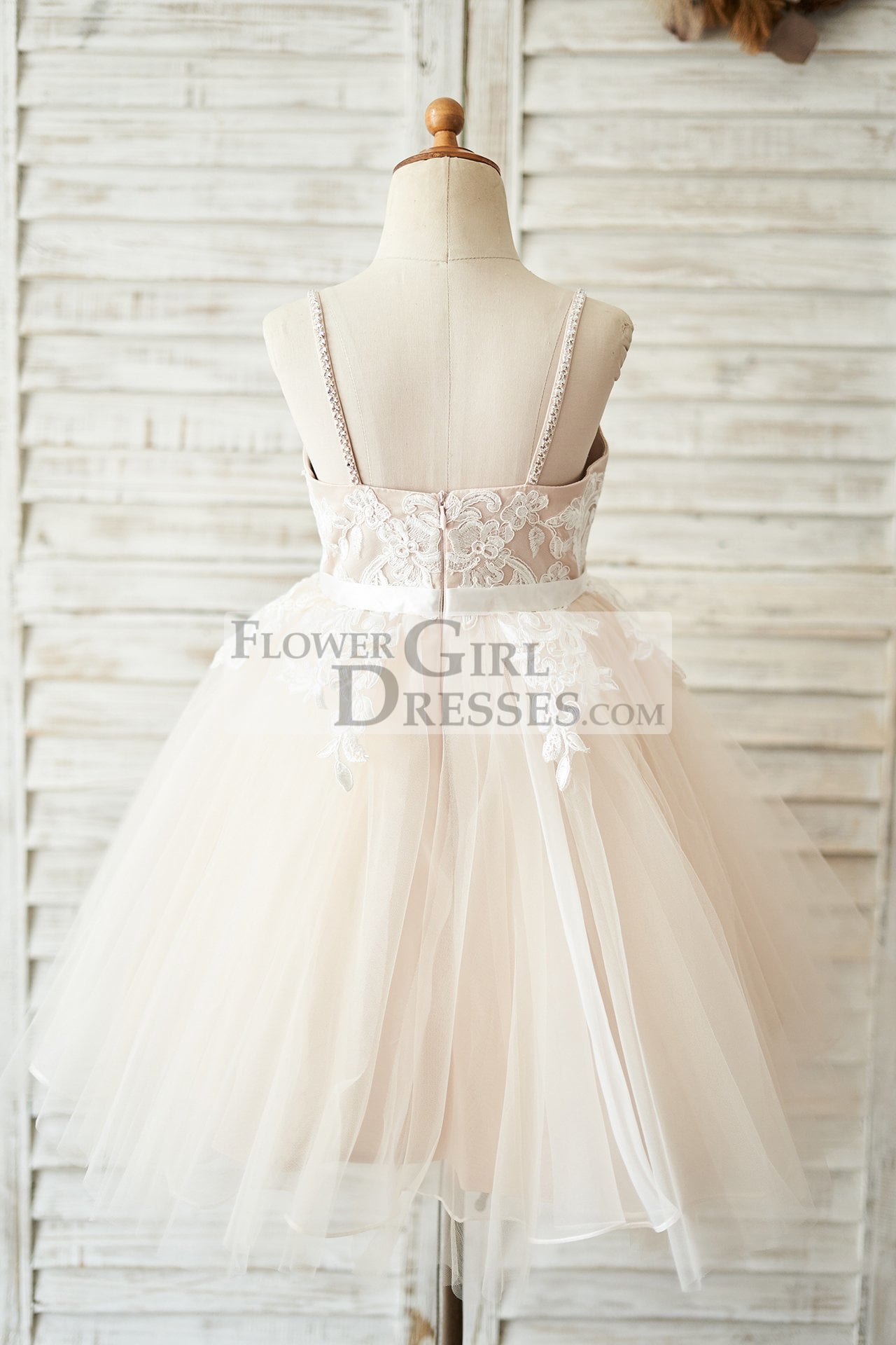 Spaghetti straps Ivory lace Peach Pink Tulle V Neck Wedding Flower Girl Dress