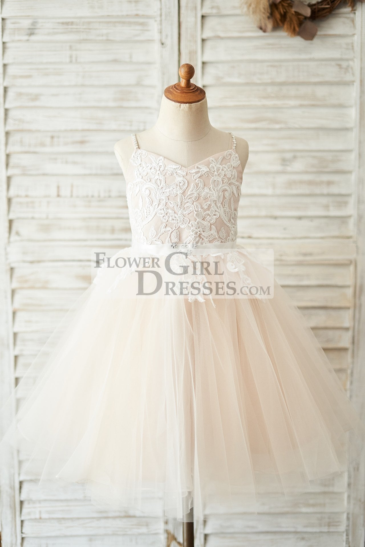 Spaghetti straps Ivory lace Peach Pink Tulle V Neck Wedding Flower Girl Dress