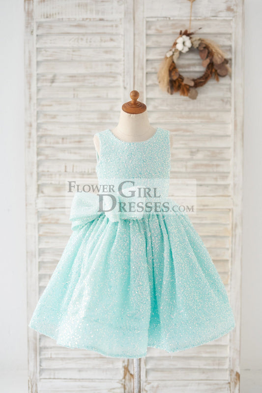 V Back Blue Sequin Wedding Flower Girl Dress Kids Party Dress with Bow