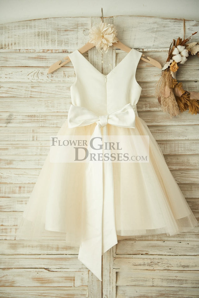 V Neck Ivory Satin Champagne Tulle Wedding Flower Girl Dress, Belt - Flower Girl Dresses V Neck Ivory Satin Champagne Tulle Wedding Flower Girl Dress, Belt - Flower Girl Dresses