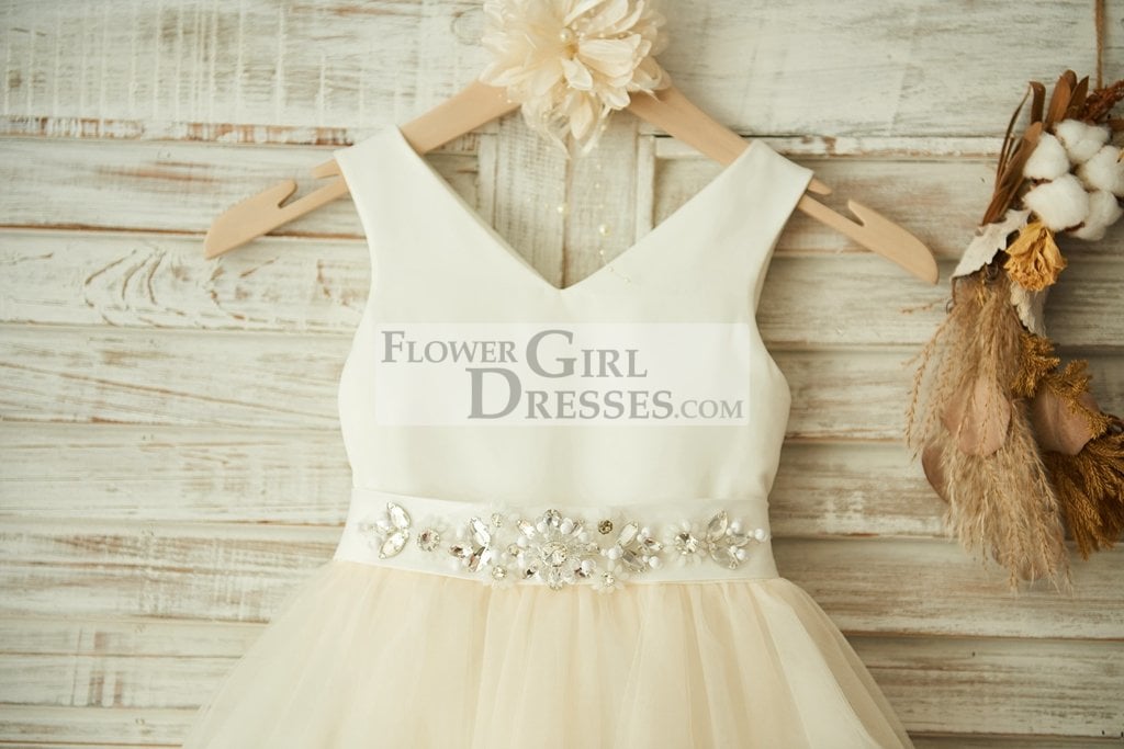 V Neck Ivory Satin Champagne Tulle Wedding Flower Girl Dress with Beaded Belt
