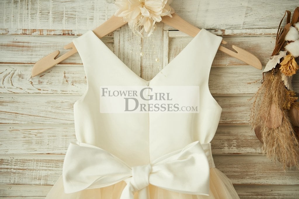 V Neck Ivory Satin Champagne Tulle Wedding Flower Girl Dress with Beaded Belt