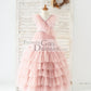 V Neck Mauve Tulle Cupcake Wedding Flower Girl Dress Kids Party Dress